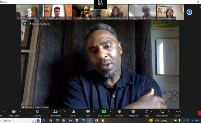 Professor Power-Greene discussing his novel, “The Confessions of Matthew Strong” at the 2023 Juneteenth event