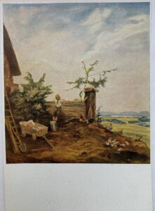 Print of a young boy leaning over a fence.