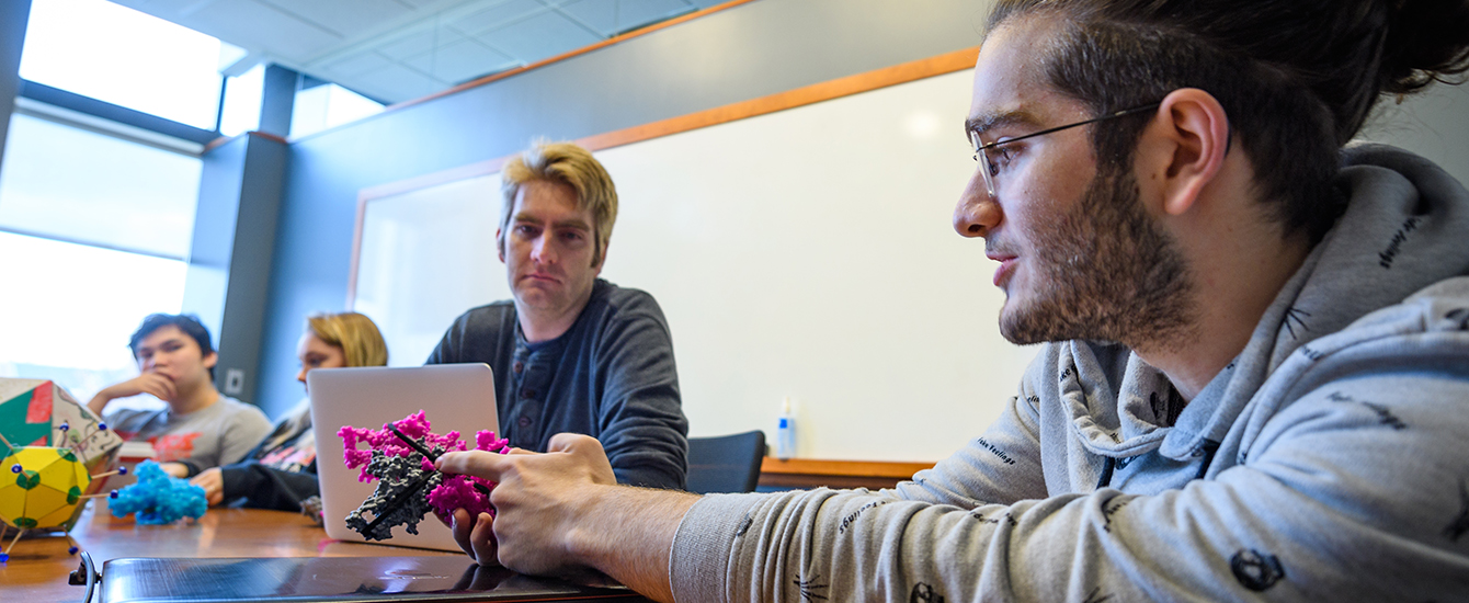 Student pointing at model of virus