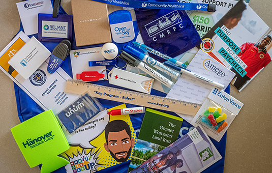 Collection of free stuff at careers fair