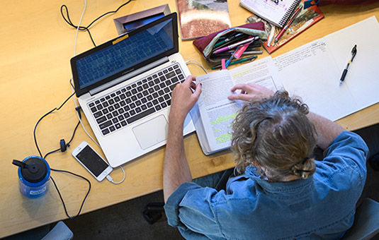 student studying in library