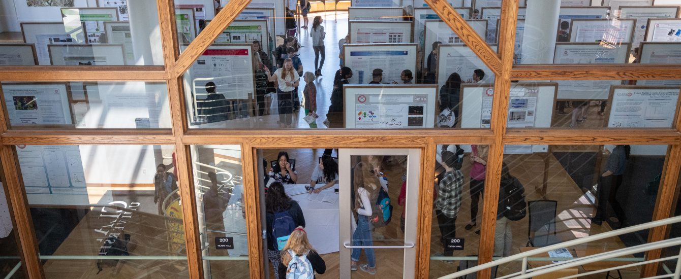 Bird's-eye view of research event, with students viewing posters