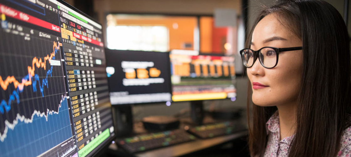 Student looking at data on terminal