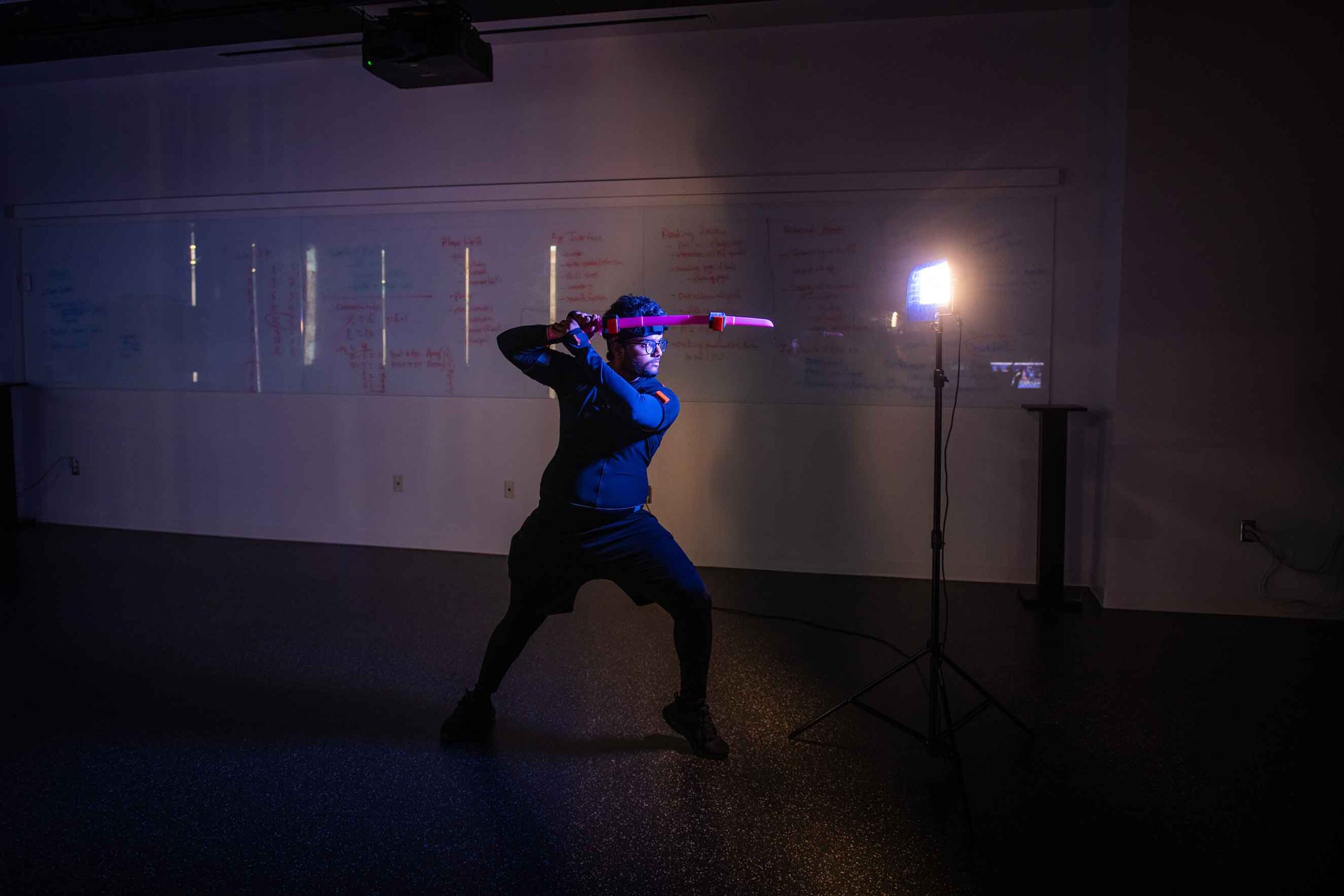A student works in an AR/VR studio in the new the Center for Media Arts, Computing, and Design at Clark University.