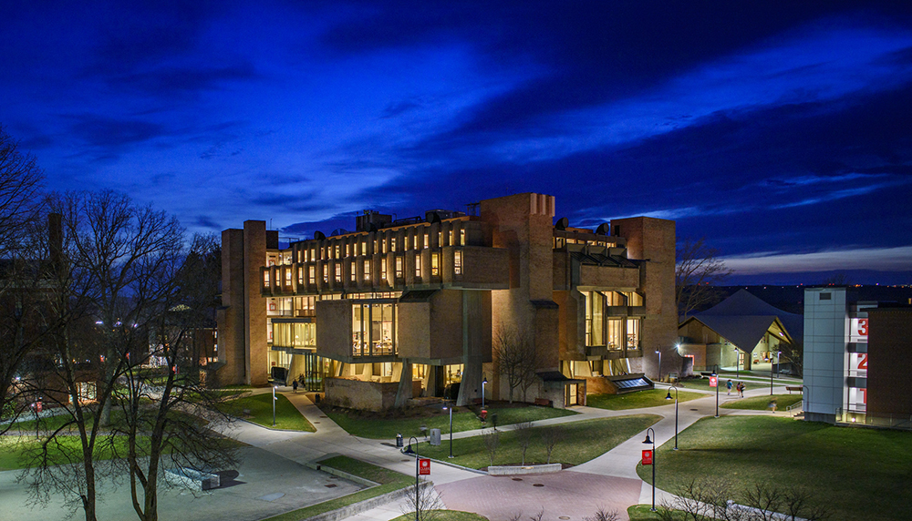 night scene over goddard library