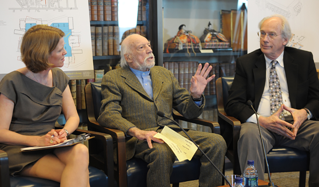Goddard Library architect John Johansen talks about his brutalist design with Prof. Kristina Wilson (left) and Academic Commons architect Steven Foote.
