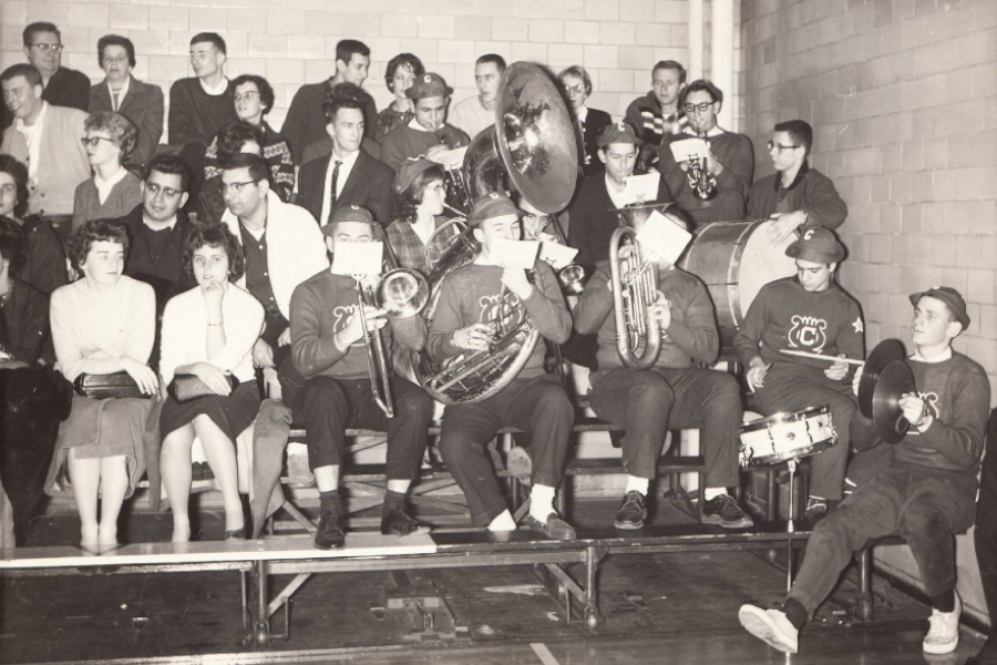 The Clark Pep Band performs a tune in the gymnasium.
