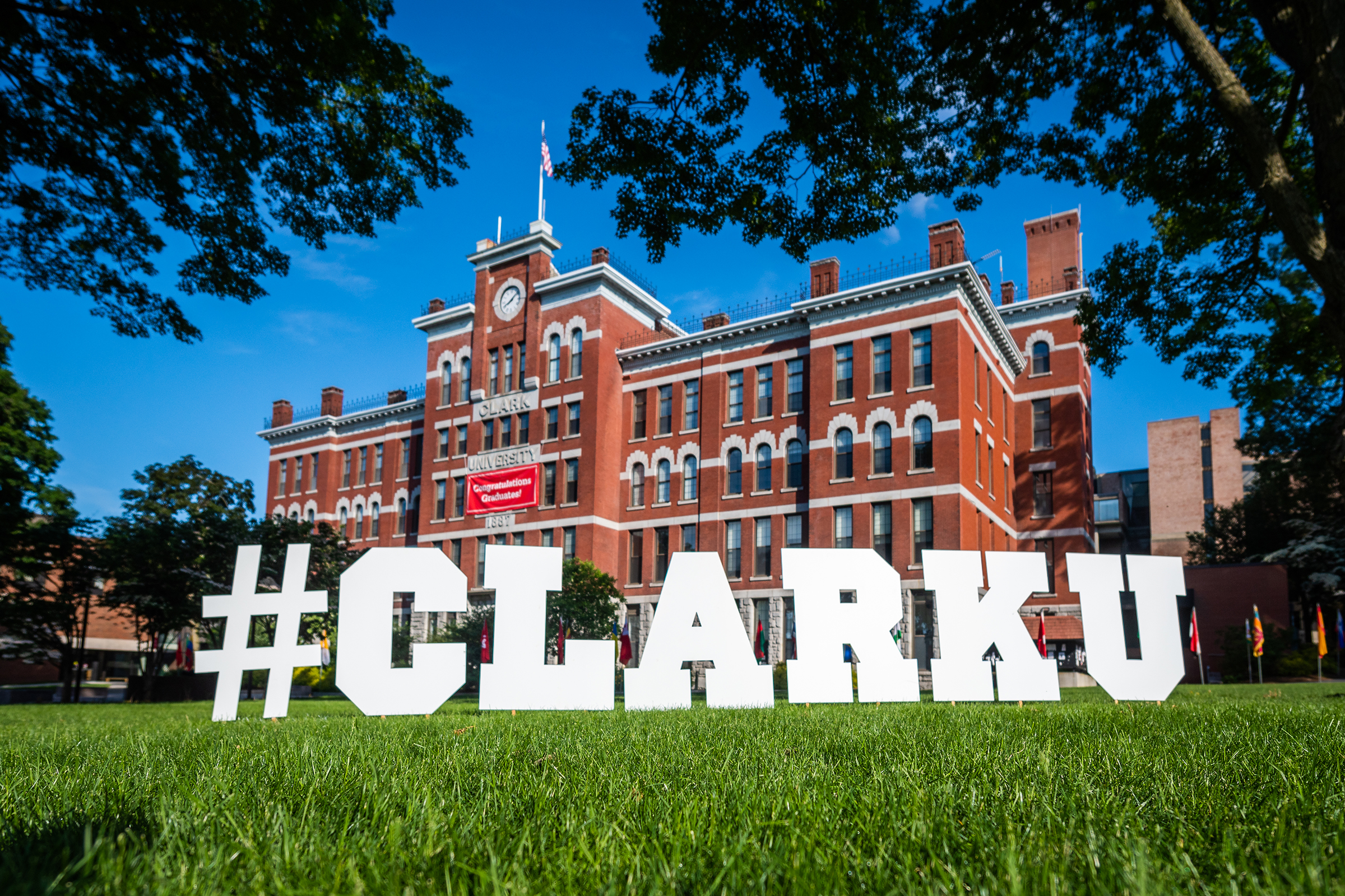 Jonas Clark Hall - hashtag in front of building