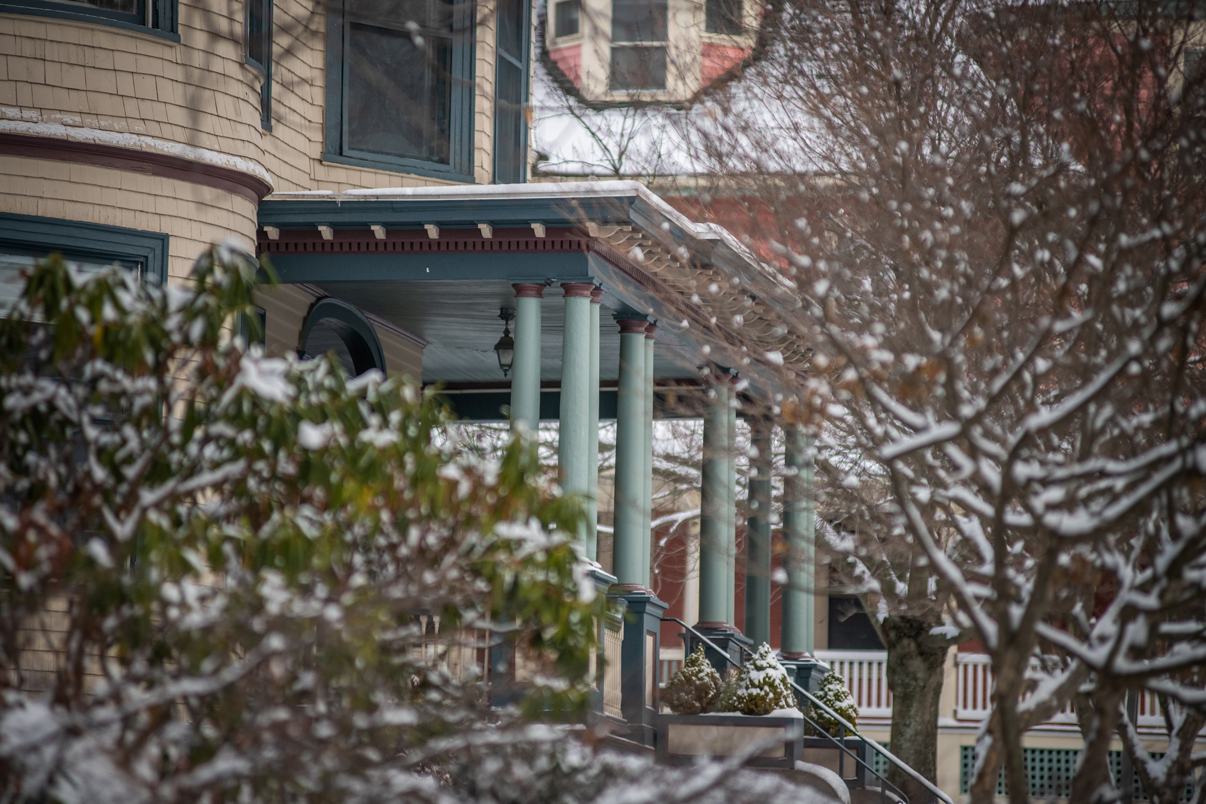 Harrington House - winter scene of front porch