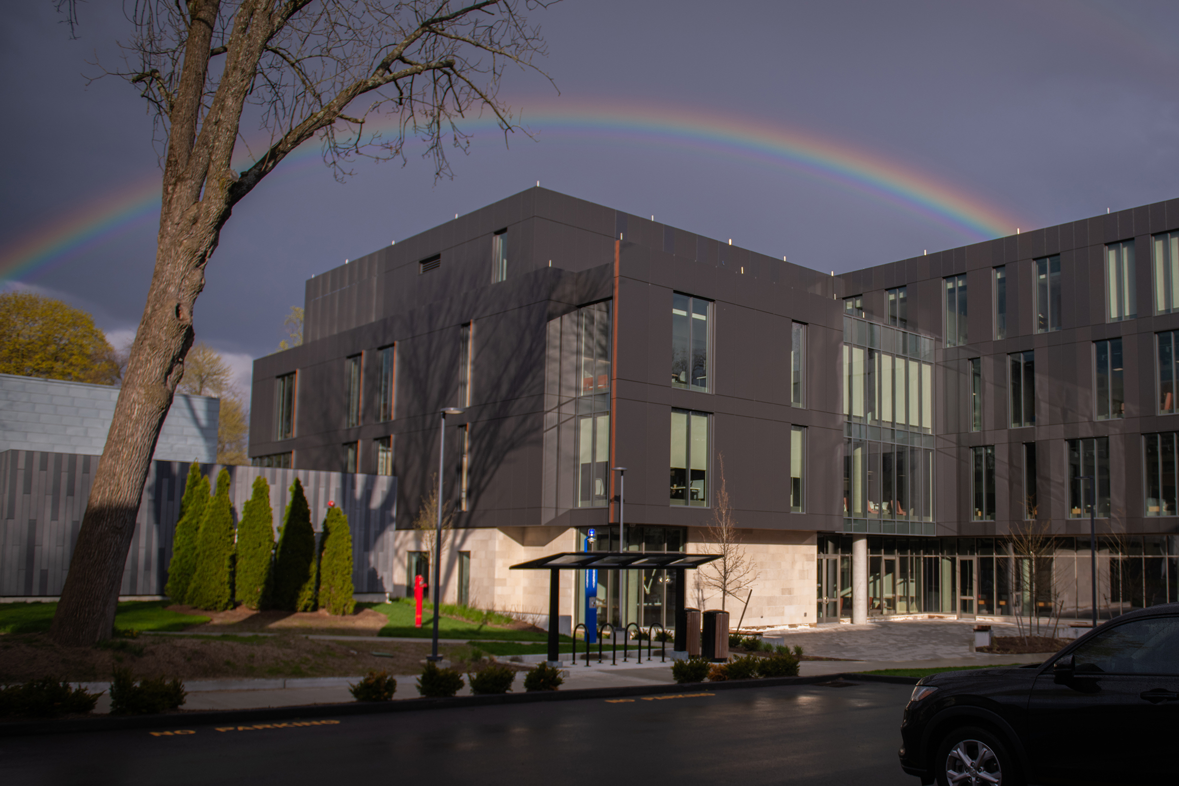 Center for Media Arts, Computing, and Design Building with rainbow
