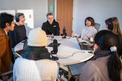 Curtis Chin records an episode of the "Challenge. Change." podcast with Dean of the College Betsy Huang.