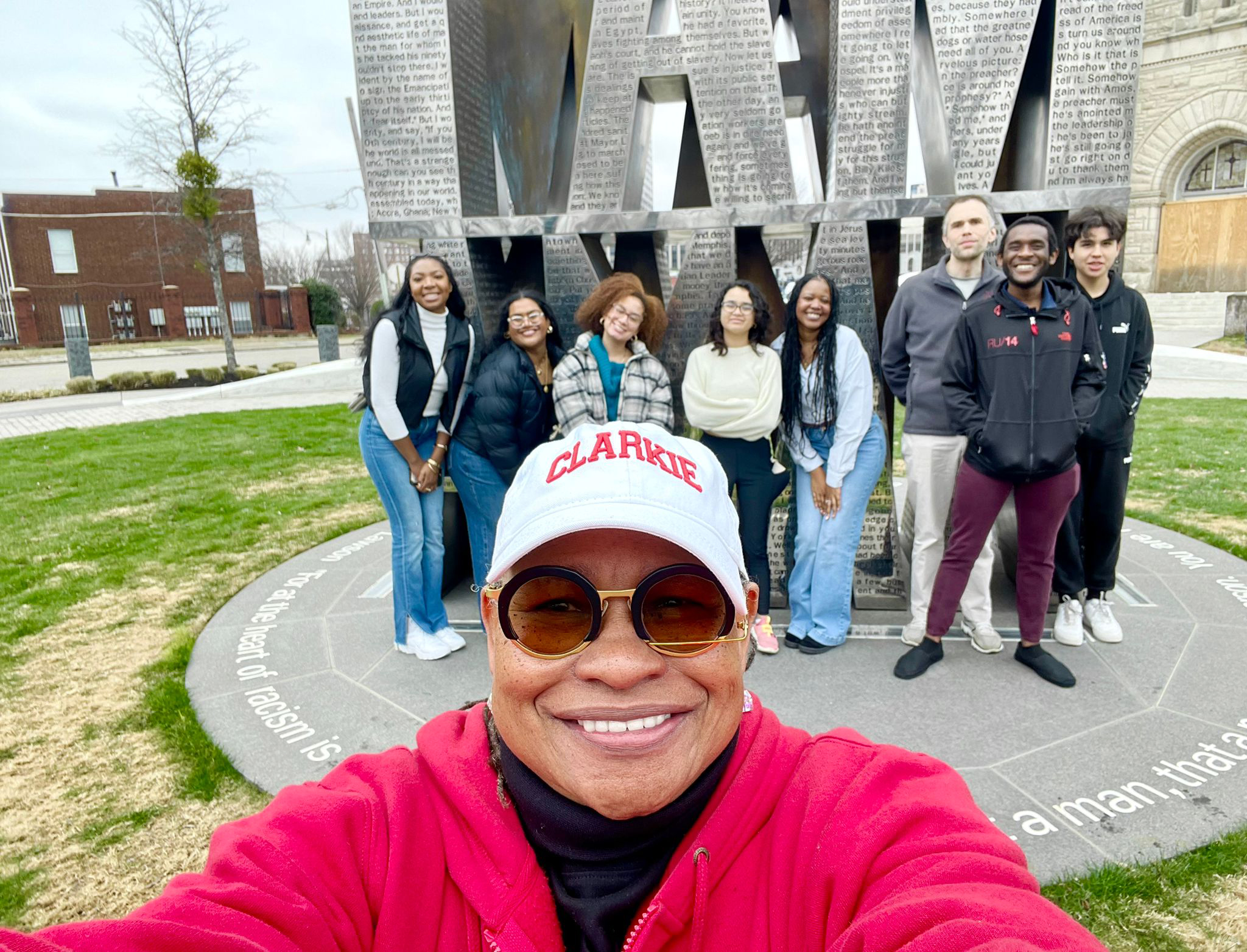 Clark students with alumna Carolyn Michael-Banks at the "I Am a Man" monument in Memphis