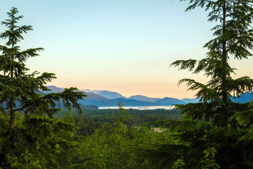 A view of the Douglas Channel at Kitimat from Coghlin Park at sunset, Kitimat, British Columbia