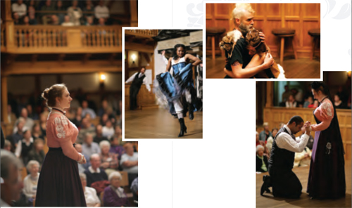 Above: Scenes from the 2007 production of "Love's Labour's Lost," directed by Jacquelyn Bessell at the American Shakespeare Center's Blackfriars Playhouse in Staunton, VA. The theater recreates the spartan environment in which Shakespeare's plays were staged.