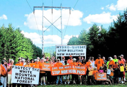 Protesters holding up signs about Northern Pass