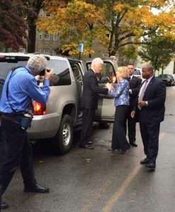President Clinton and Mass. Attorney General Martha Coakley talk outside Atwood Hall.