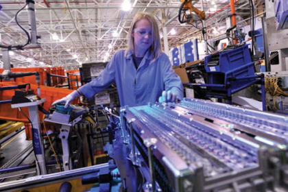 Both human and robotic workers assemble automobiles at Ford Motor Company plants across the United States.
