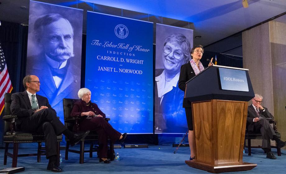 Erica Groshen speaking at labor hall of honor