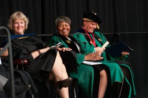 Prof. Kristen Williams, faculty chair, Melinda Boone, Superintendent of Worcester Public Schools, and President David Angel at the installation.