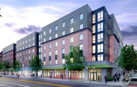 Rendering of the project from the intersection of Main and Hawthorne Streets