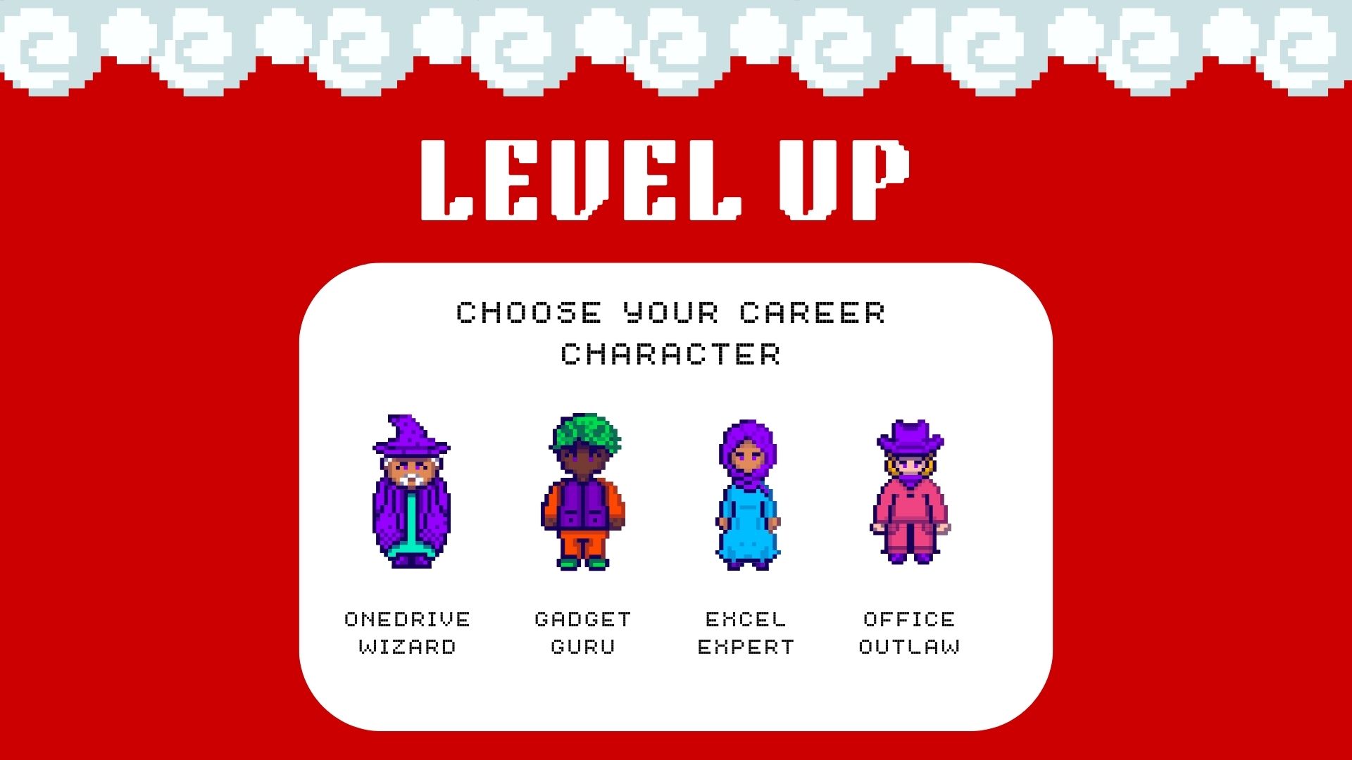 Red background with four pixelated characters.