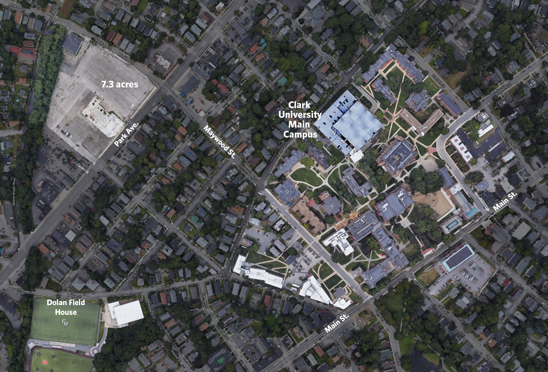 Aerial shot of Clark University campus with new Park Ave expansion