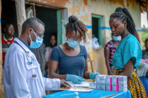 health (in)equity: Healthcare Workers Administering Vaccines in Rural Community Clinic.