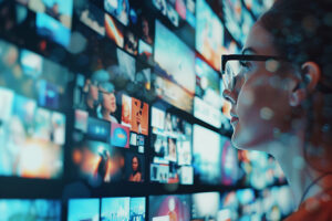 Critical Perspectives on Television - girl looking at screen of tvs