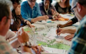 Health, Science and Society engineers sitting around table looking over engineering plan of housing development