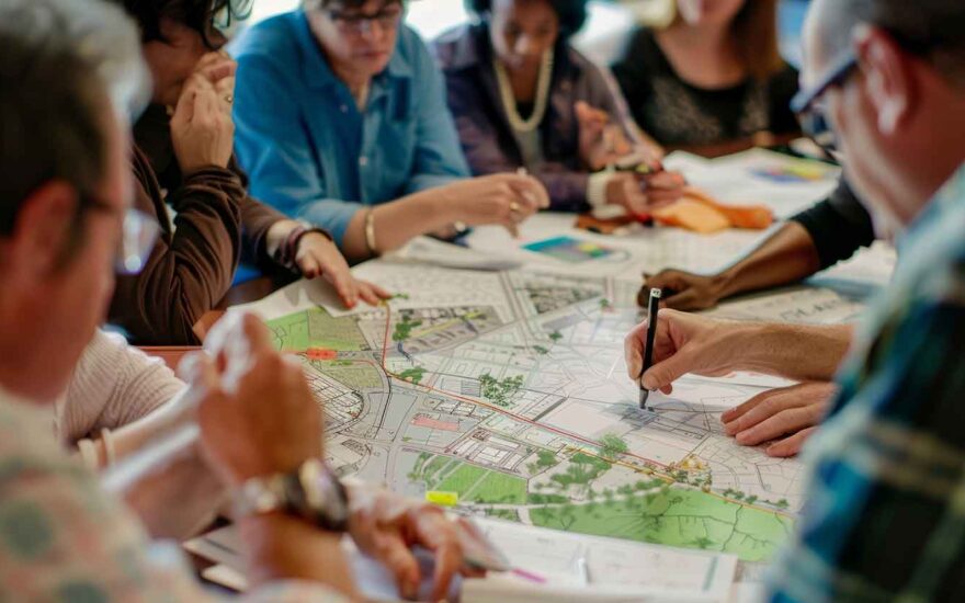 Health, Science and Society engineers sitting around table looking over engineering plan of housing development
