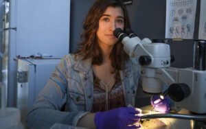 a student looks through a microscope