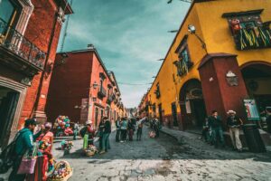 A busy street in San Miguel de Allende, Mexico, that a student might encounter during a study abroad experience