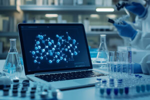 biochemistry computer - Molecular modeling in drug discovery, with scientists analyzing on a laptop and lab samples in the foreground, featuring ample copy space