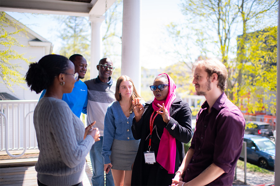 students on a porch