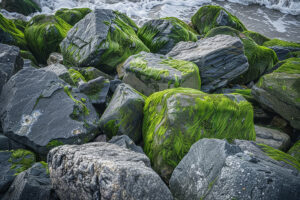 Ecology of Atlantic Shores: Aged and weathered rocks covered in green moss near the ocean, Moss-covered rocks that appear aged and weathered