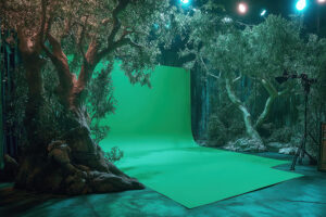 studio setup with green screen and prompts