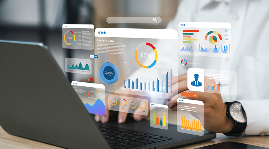 product development - laptop with illustrations of software development