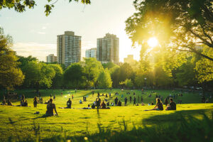 A city park with people relaxing and exercising, set against a soft-focus, light-filled backdrop, highlighting the importance of green spaces in urban areas --chaos 10 --ar 3:2 --style raw --stylize 200 Job ID: f15bedde-72b2-4649-8ad5-1eab97bfe1a9