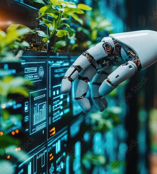 Emerging technologies with robot hand touching online screen