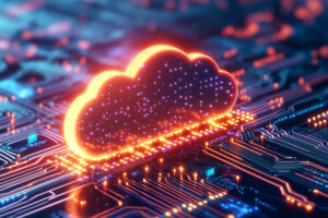 advanced cloud computing - A vibrant digital cloud symbol glowing on a circuit board, representing advanced technology and cloud computing concepts.