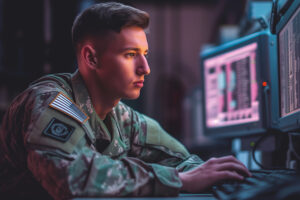 cybersecurity defense - soldier behind computer screen