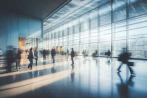 clark mini mba program - people walking across hall way