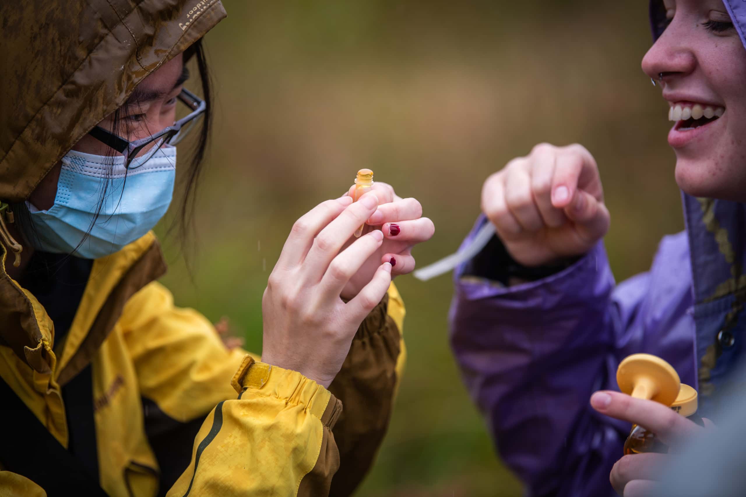 students examine a specimen in the field