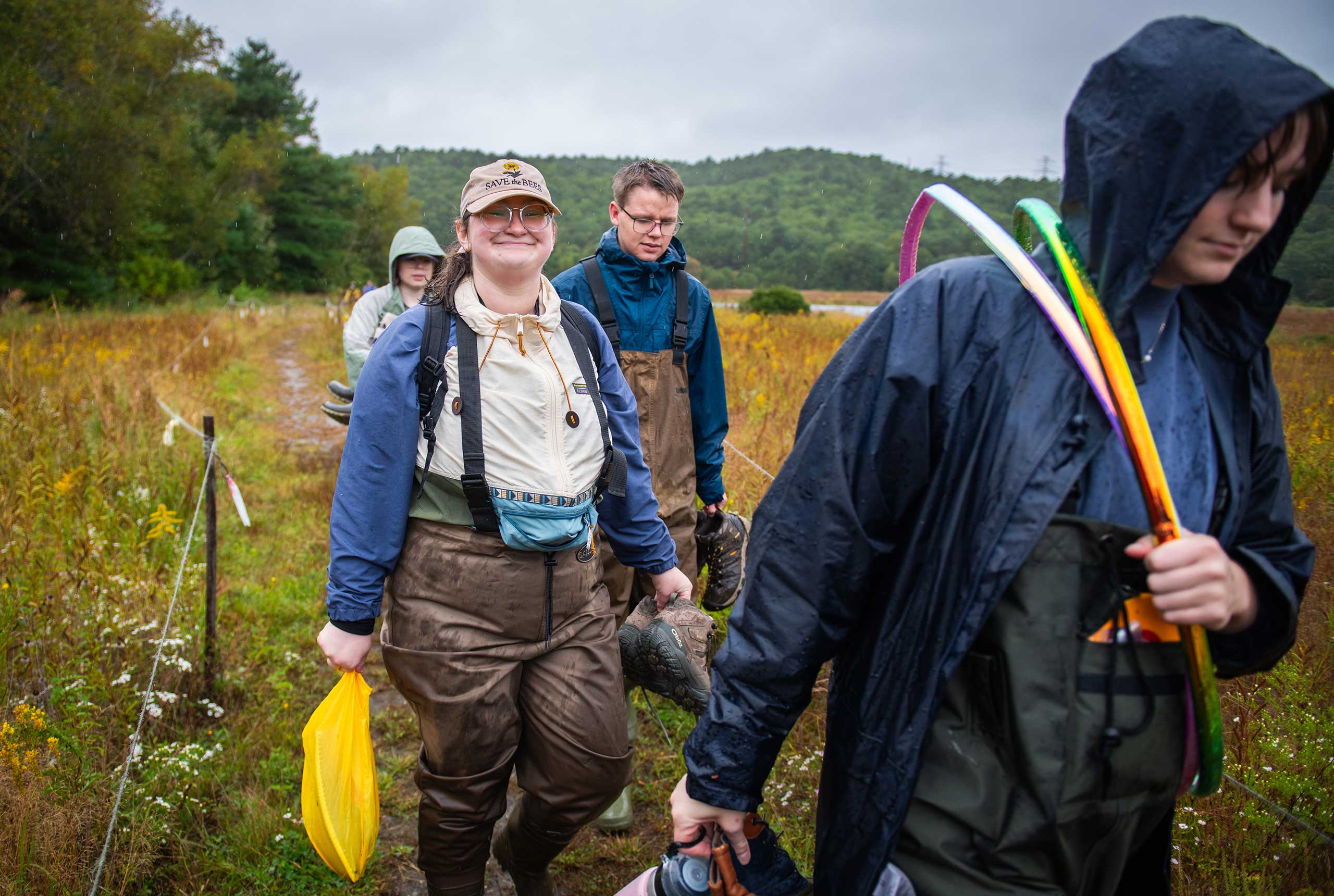Students in the Ecological Restoration Problems of Practice course visit a cranberry bog to measure the effectiveness of restoration efforts.