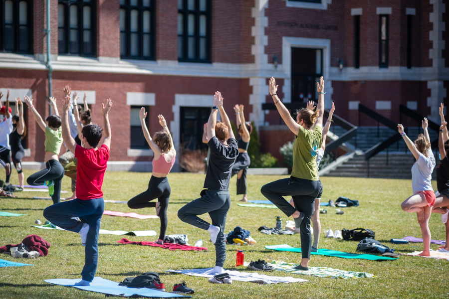 Students performing yoga on campus green during wellness day