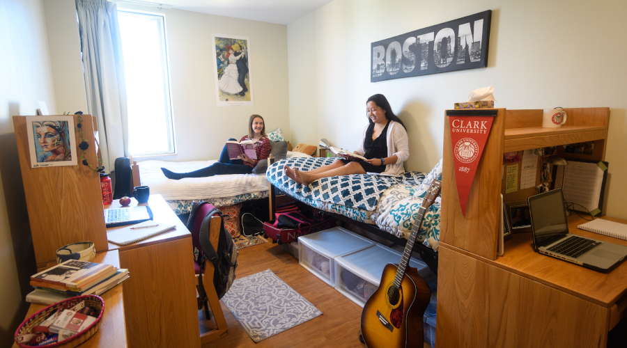 Two students lounging in Blackstone Hall