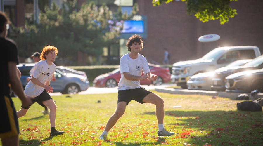Students playing ultimate frisbee on campus