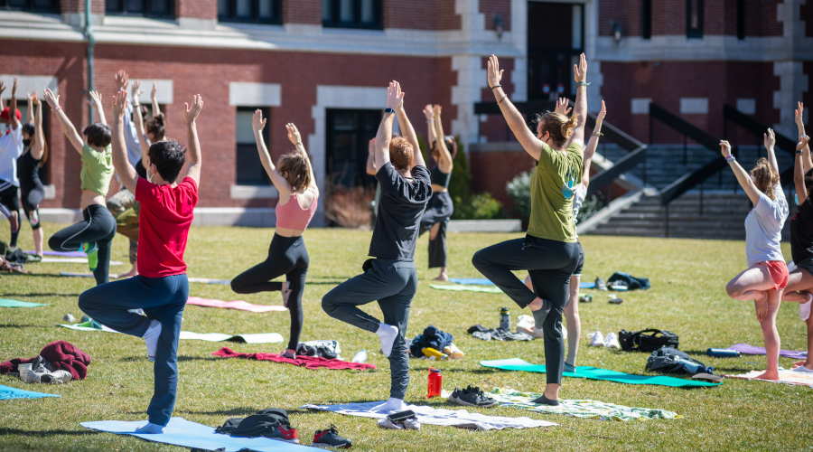Students performing yoga on campus green during wellness day