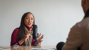 Nadia Ward, youth mental health expert, recording a podcast