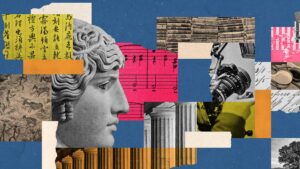 Collage style artwork with motifs from the visual arts, music, and world literature